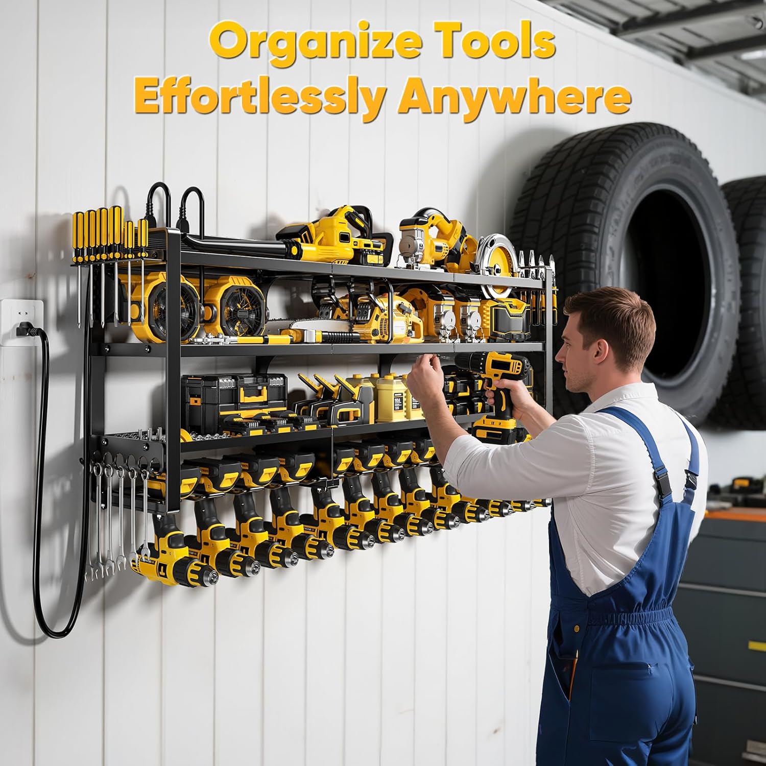 POKIPO 49.5 W Large Power Tool Organizer Wall Mount with Charging Station, 4 Tier Heavy Duty 12 Cordless Drills Holder Load 800 lb, Tool Battery Storage Rack Built in 8 Outlet Power Strip for Garage