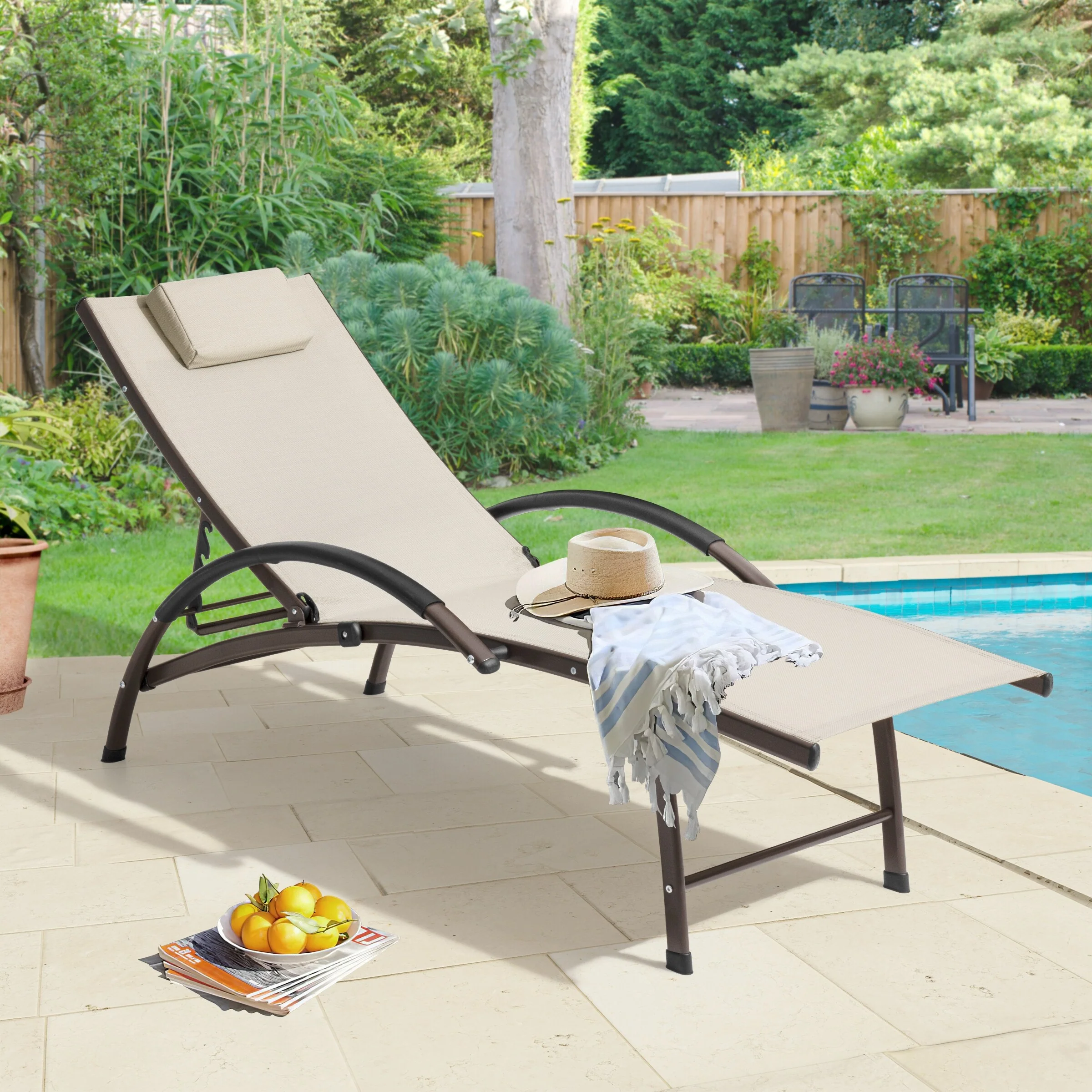 Crestlive Products Outdoor Adjustable Reclining Chaise Lounge Chair with Headrest