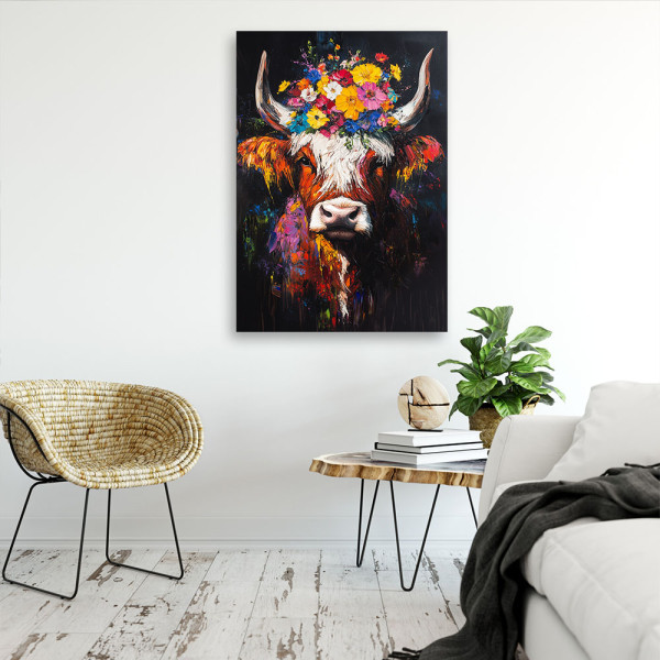 Feeby Obraz na płótnie, Szkocka Krowa z Kwiatami na głowie 40x60