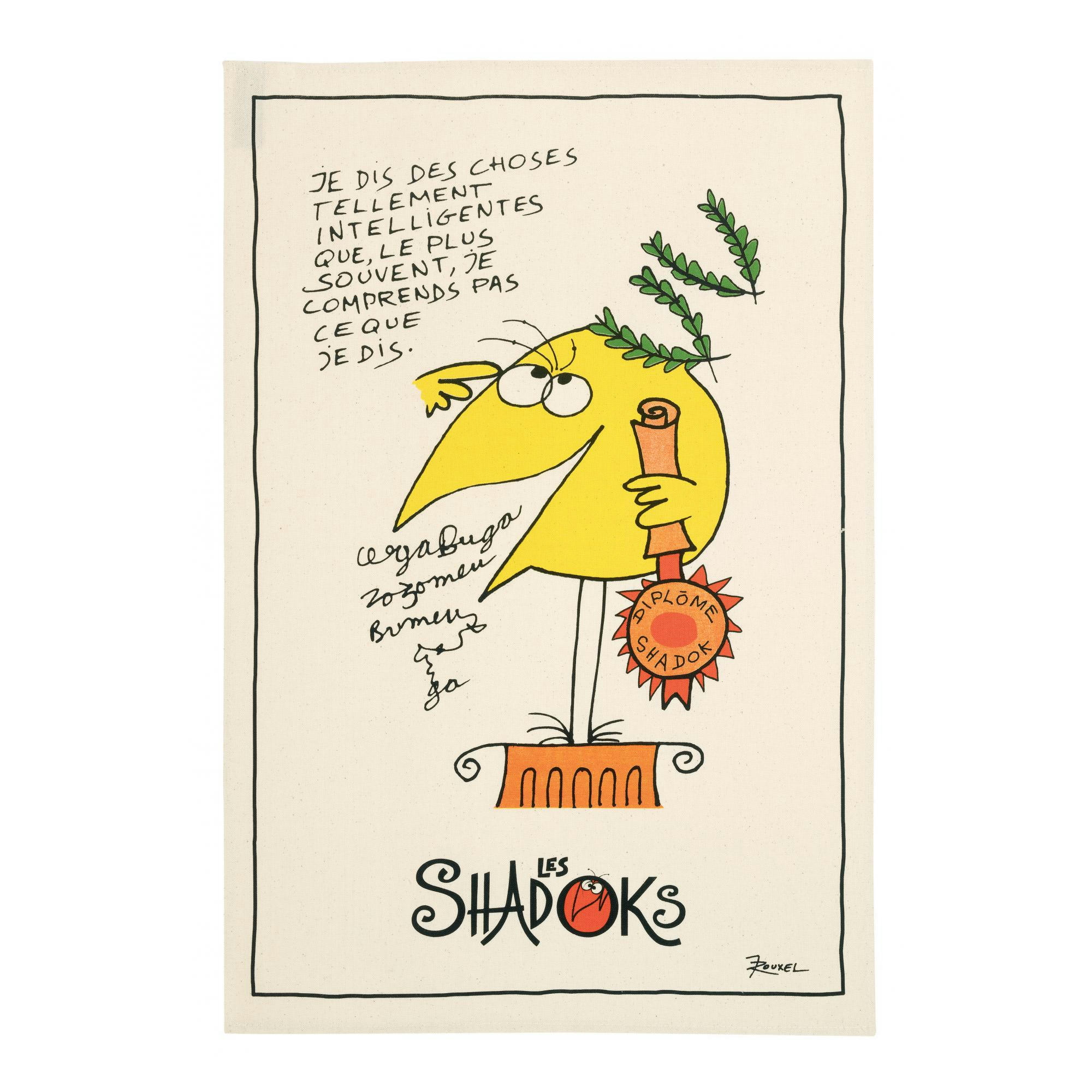 SHADOKS - Torchon  intelligent en coton ecru 48 x 72