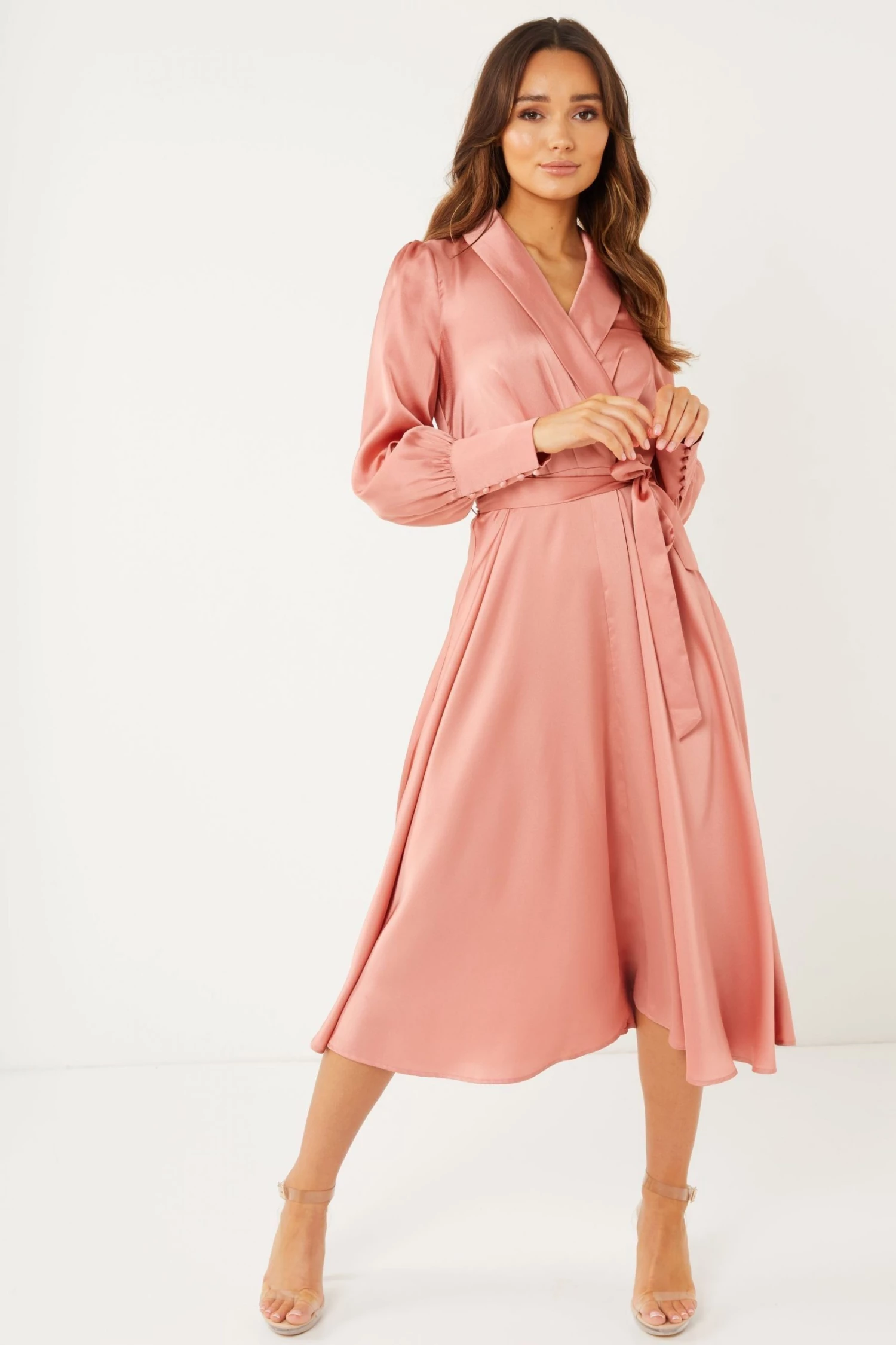 Quiz Peach Satin Wrap Midi Dress