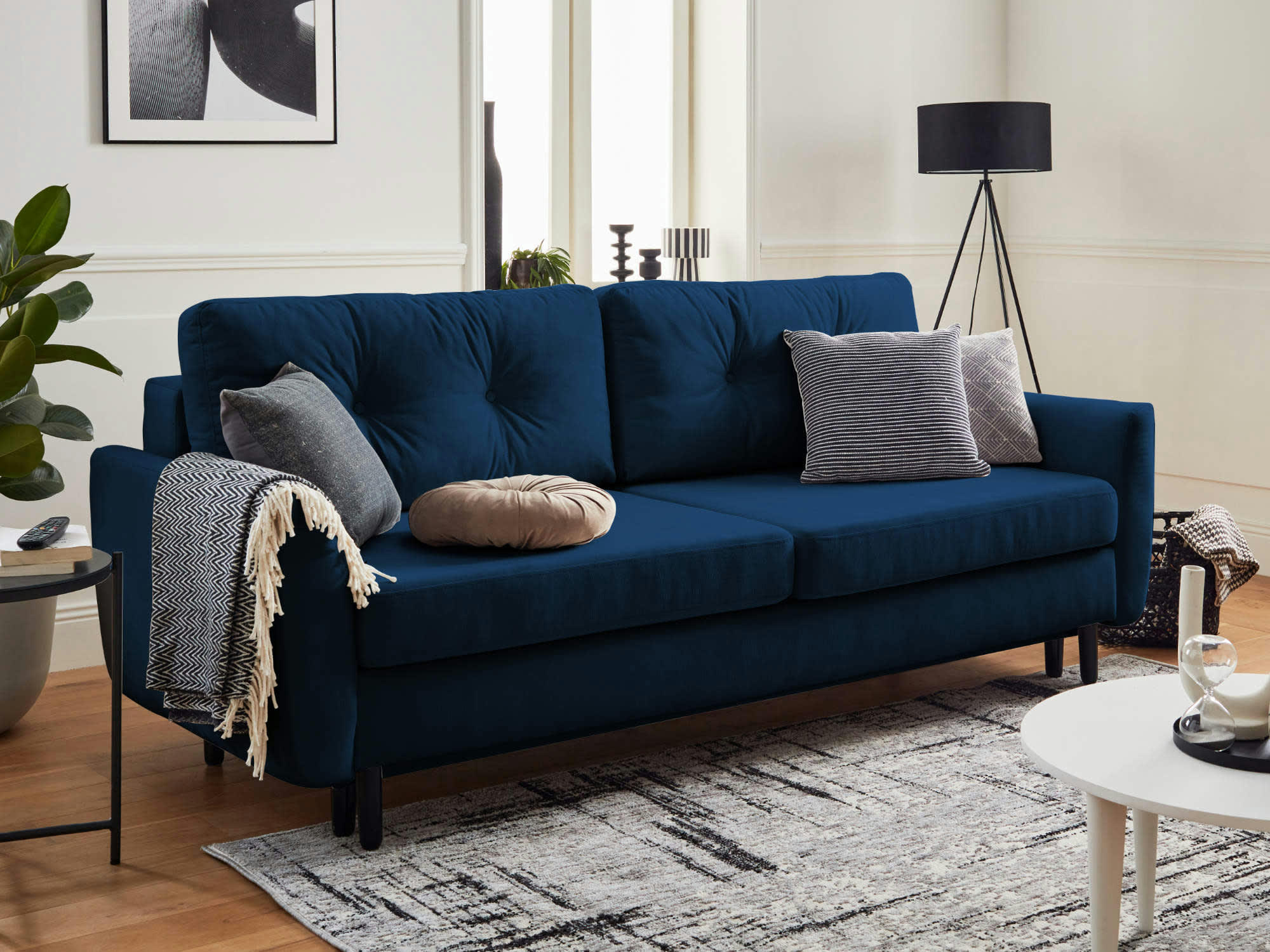 NILS - Canapé droit convertible 3 places en velours bleu nuit