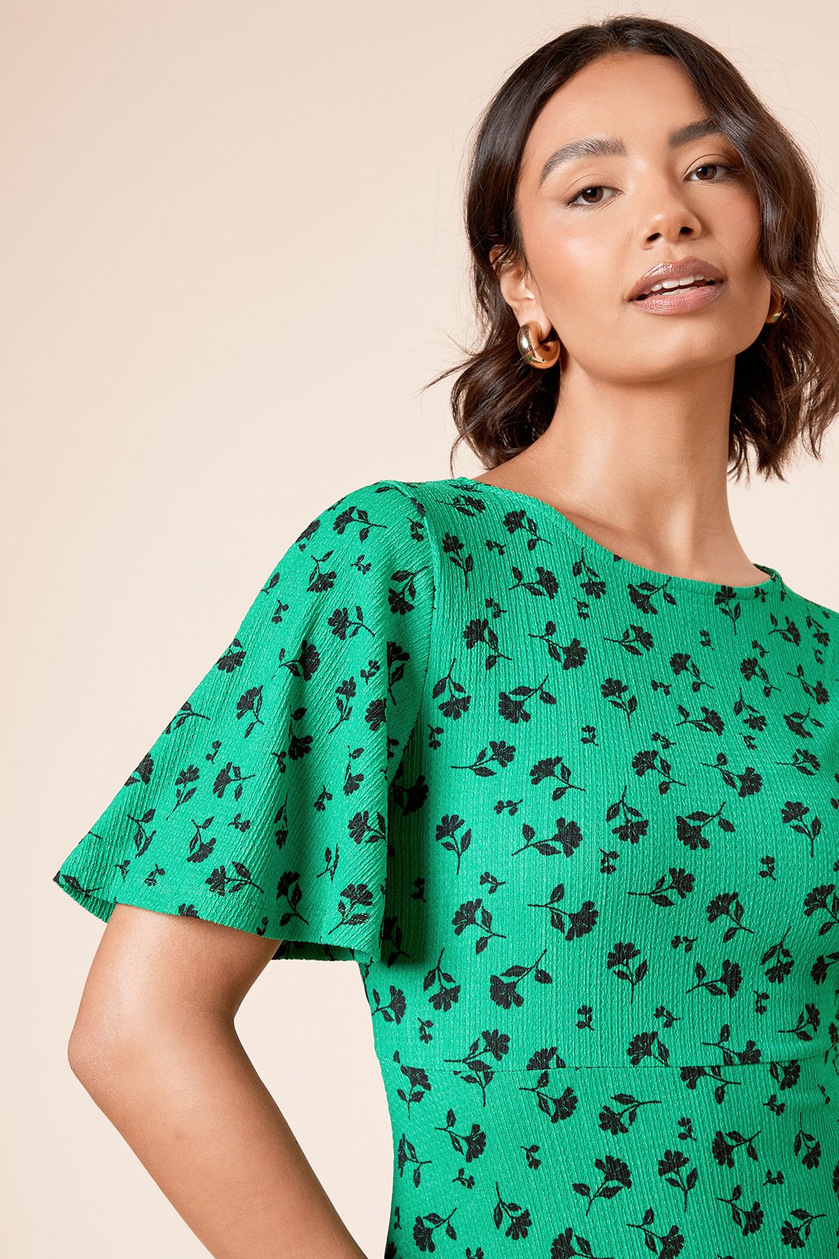 Dorothy Perkins Green Floral Angel Sleeve Jersey Midi Dress