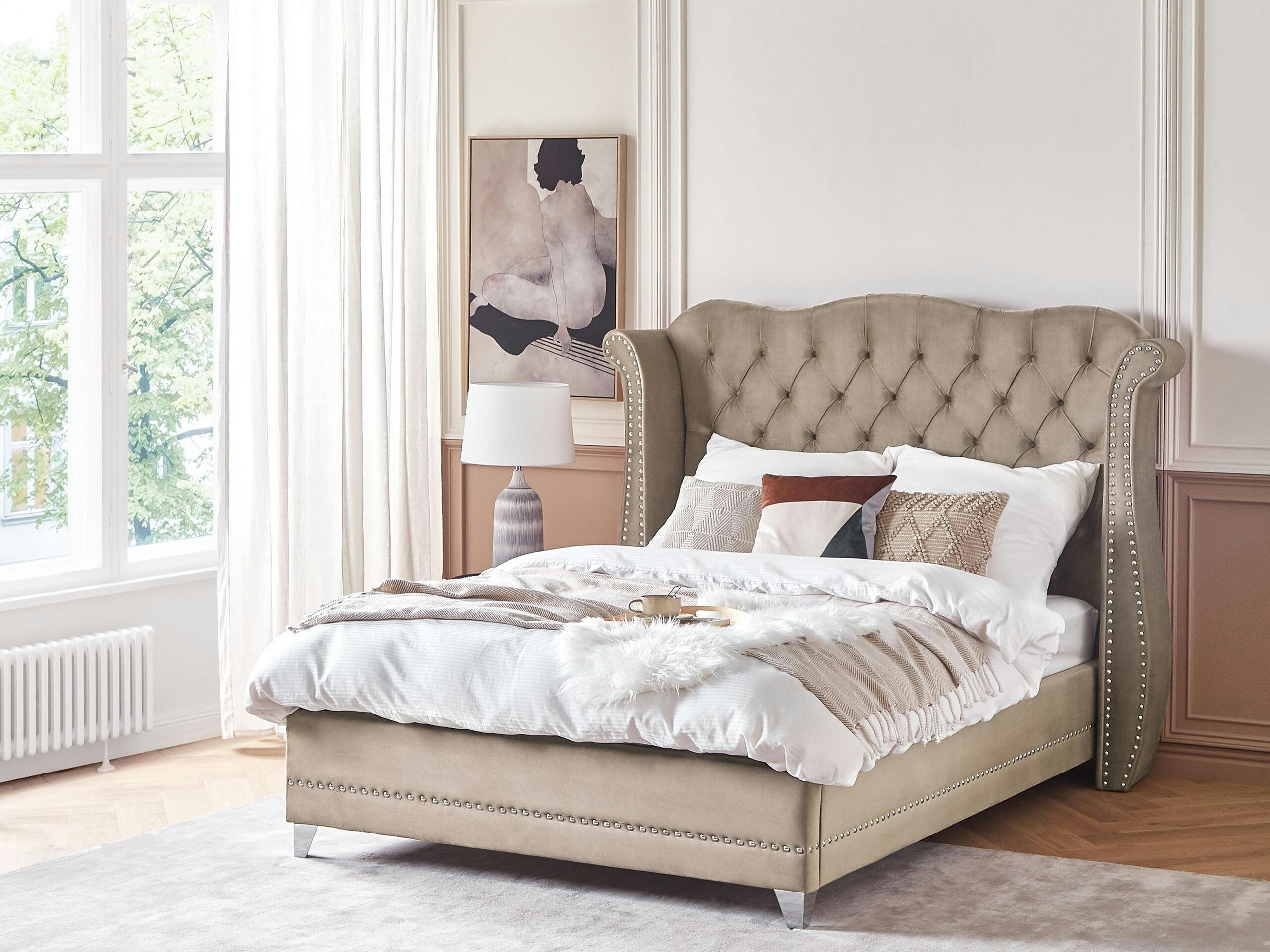 AYETTE - Lit double en tissu beige 140x200