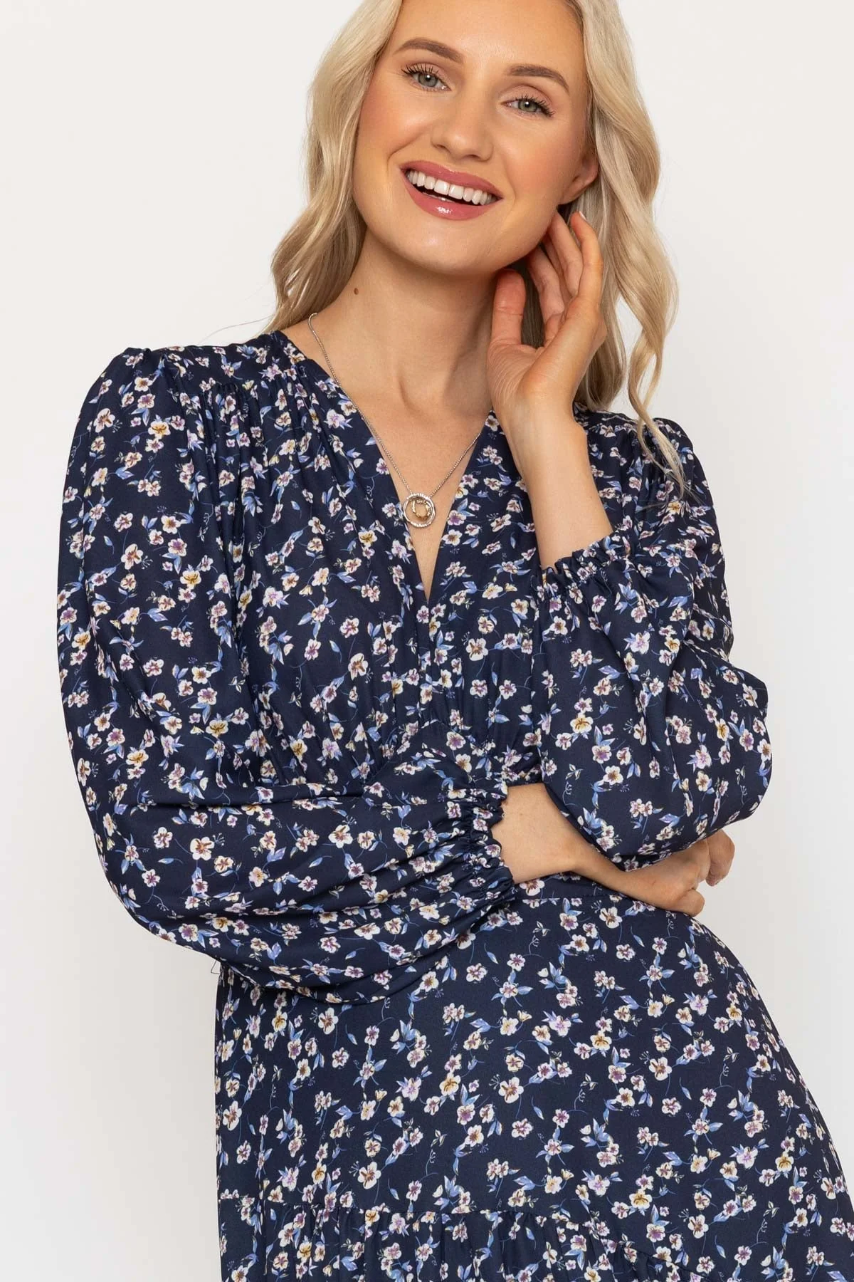 Siobhan Long Sleeve Navy Print Midi Dress
