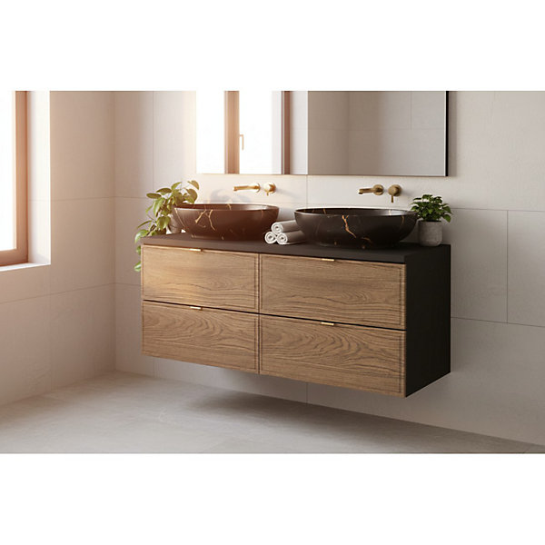 Ensemble de salle de bain SAVIA : meubles sous vasque 120cm et 2 vasques à poser noires effet marbre