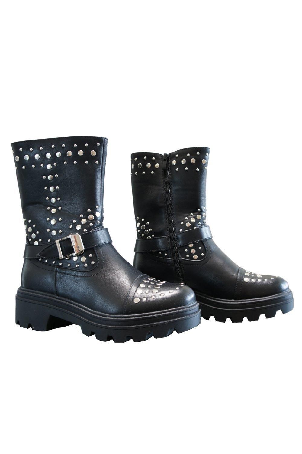 IVACHY Black Studded Black buckle Chunky Zip Closure Ankle Boots