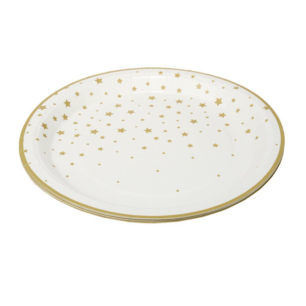 Assiette en papier X8 pcs imprimé étoile Ø23XH1,5 cm blanc et doré