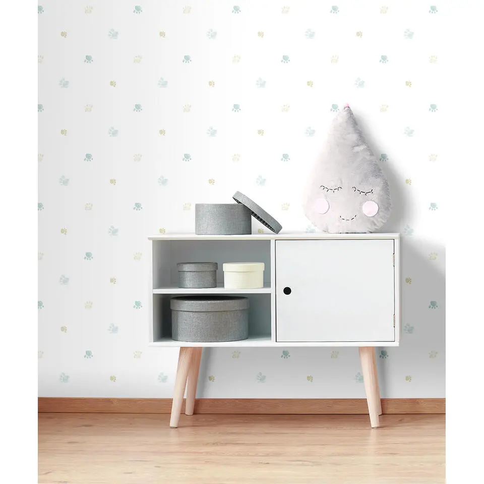 Sanders & Sanders behang pootafdrukken blauw, geel en wit - 53 cm x 10 m