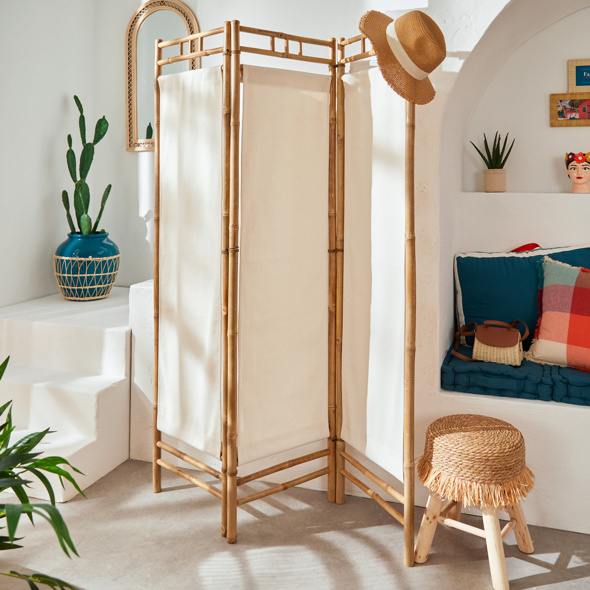 Screen "Kalel" Bamboo, White, 135.5 x 170 cm