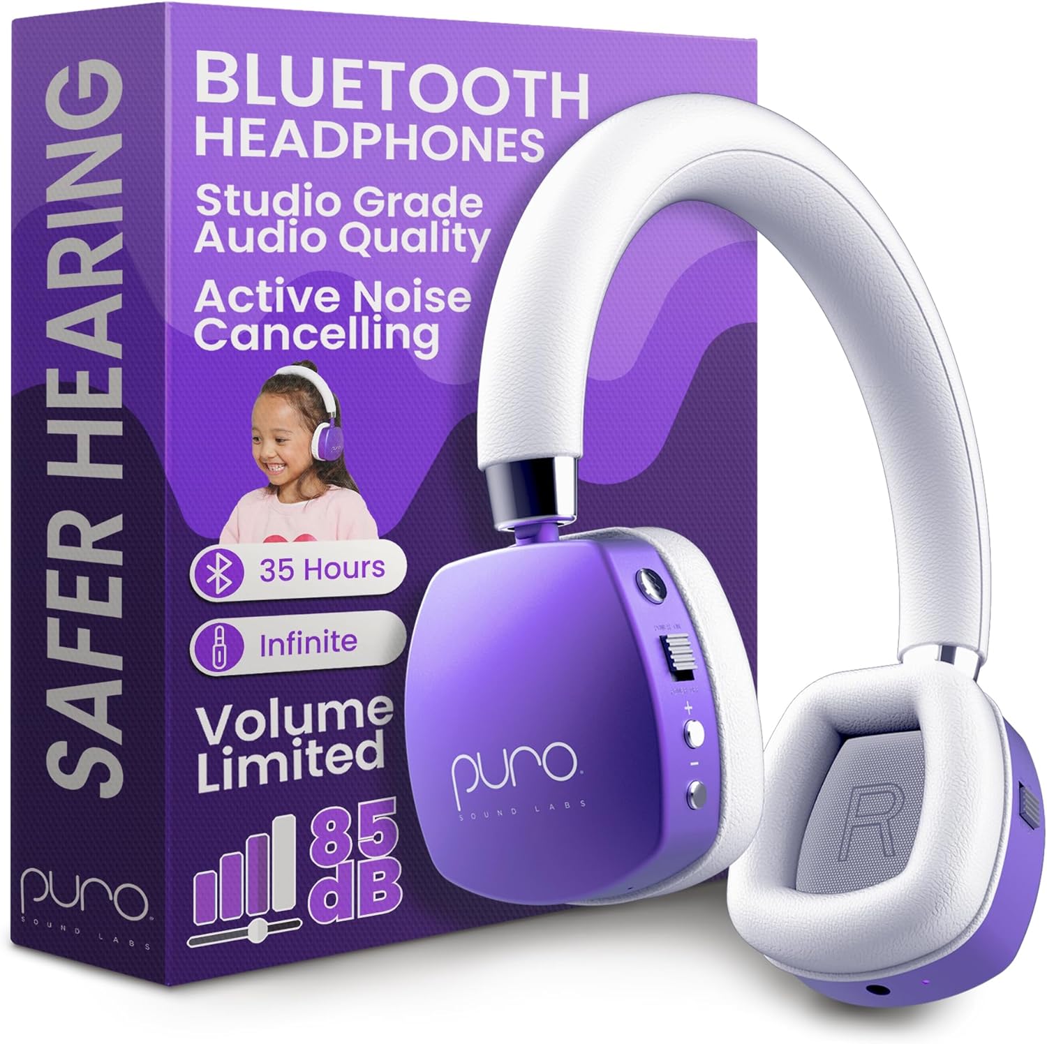 Puro Sound Labs Noise Cancelling Headphones for Kids - 85 dB Volume Limit, Built in Mic, 35-Hour Battery, Lightweight On Ear Design & Comfy Fit, Bluetooth Headphones for Kids – PuroQuiet Plus, Purple