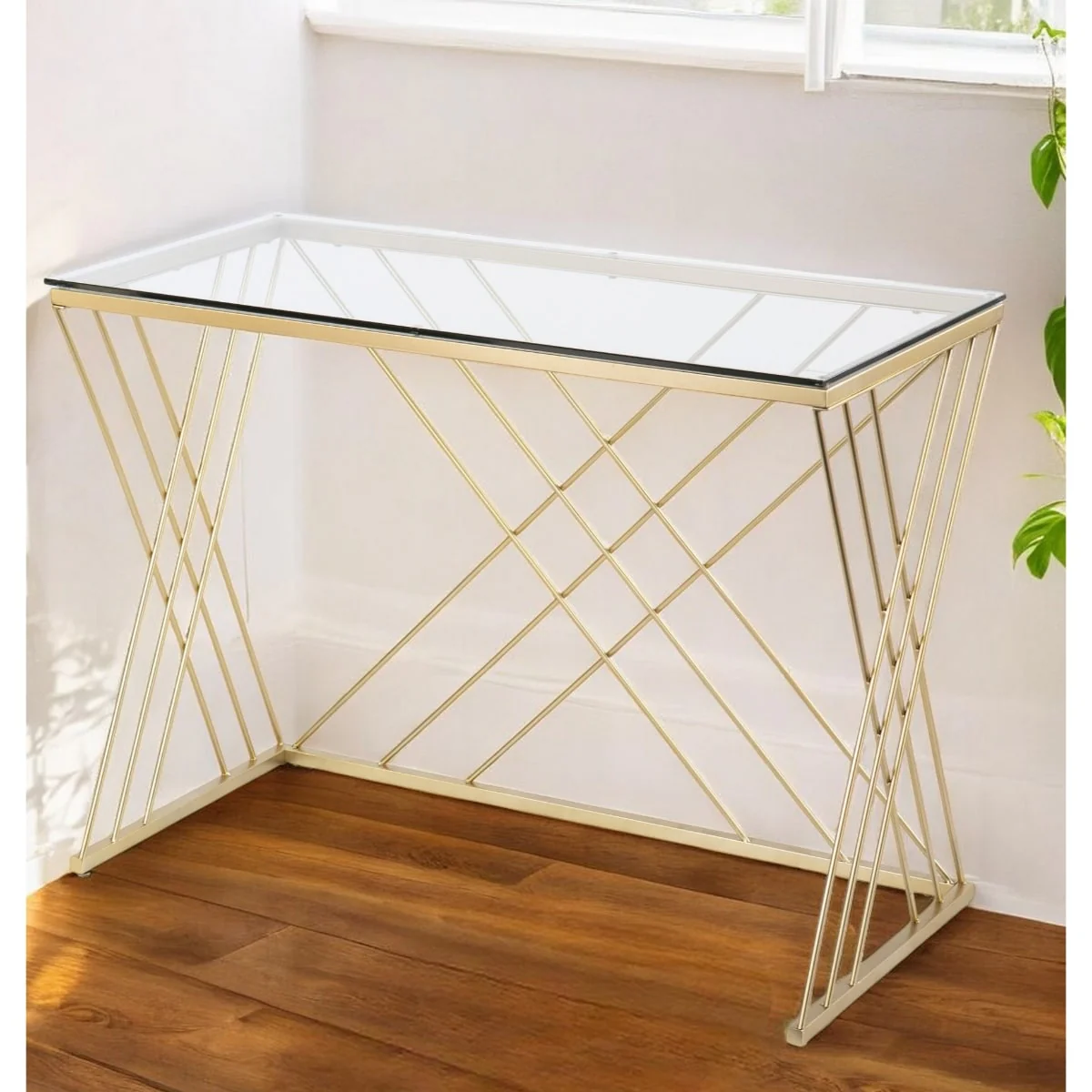 Clear Glass Gold Metal Writing Desk with Shelf and Rectangular Glossy Finish