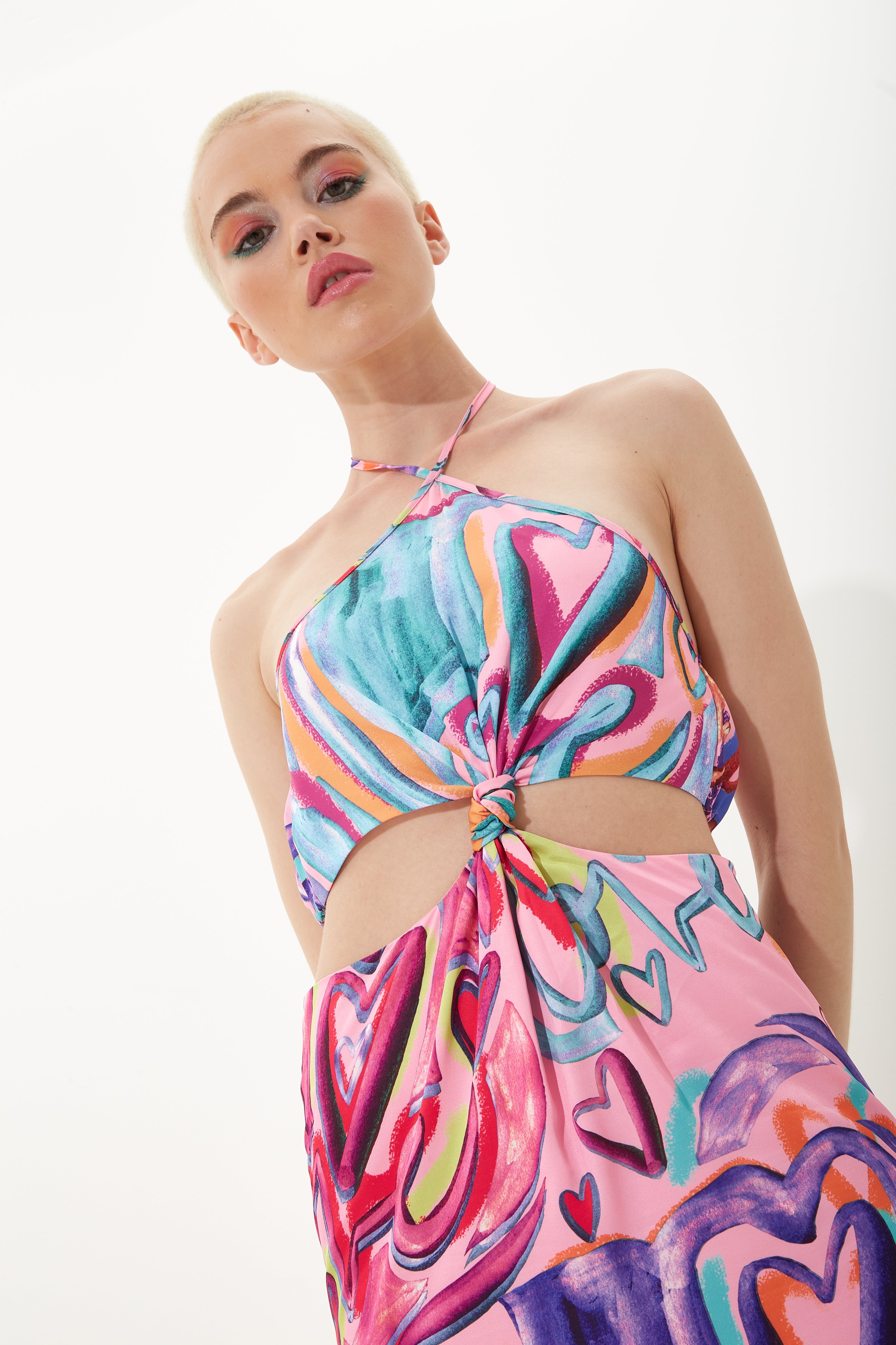 House of Holland Heart Print Midi Dress With A Waist And Back Knotted Cut Out And Tied Neck