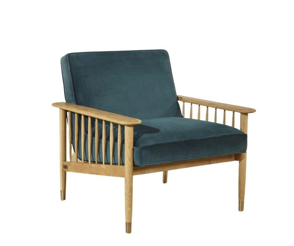 ALBERTINE - Fauteuil en chêne et velours bleu paon