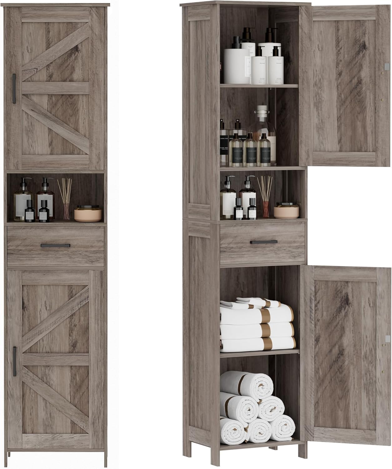 Homhedy 67 H Tall Bathroom Storage Cabinet with 2 Barn Doors and 1 Drawer, Narrow Storage Unit, Adjustable Shelves, Floor Cabinet for Bathroom, Living Room, Entryway, Kitchen, Greige, (15.7 W)