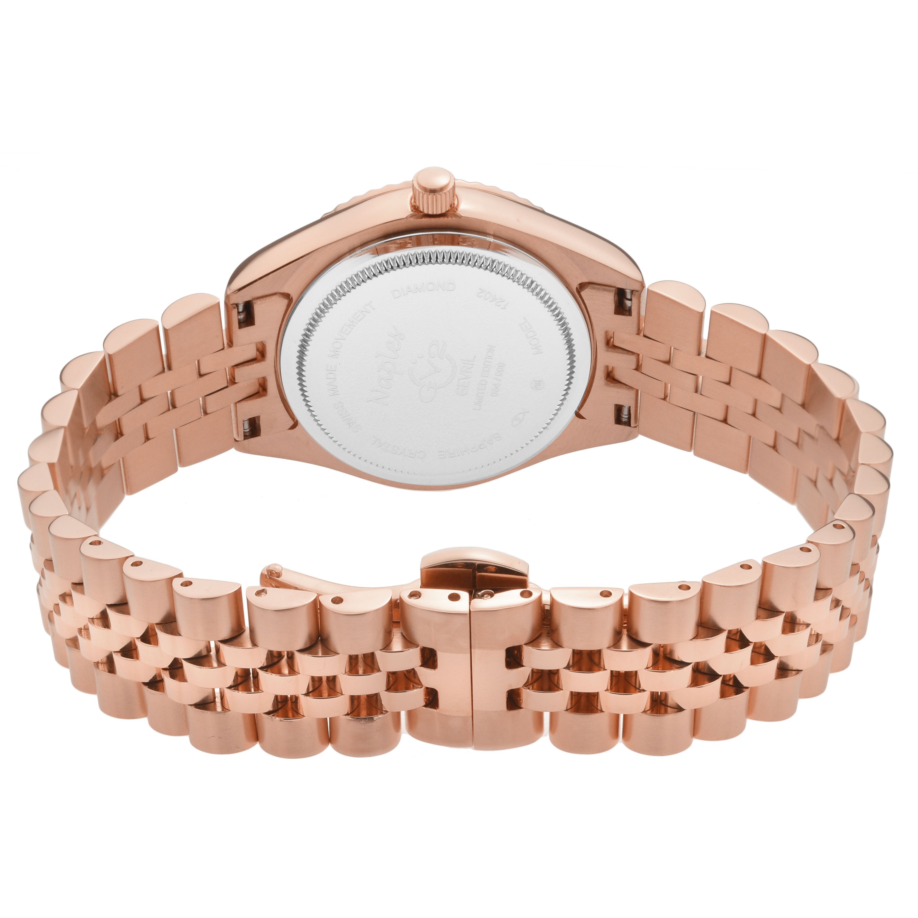 GV2 Naples 18 Diamond-Set Luxury Swiss Quartz Movement, Rose Gold Stainless Steel Bracelet, Sapphire Crystal, Fluted Bezel 34 MM Watch