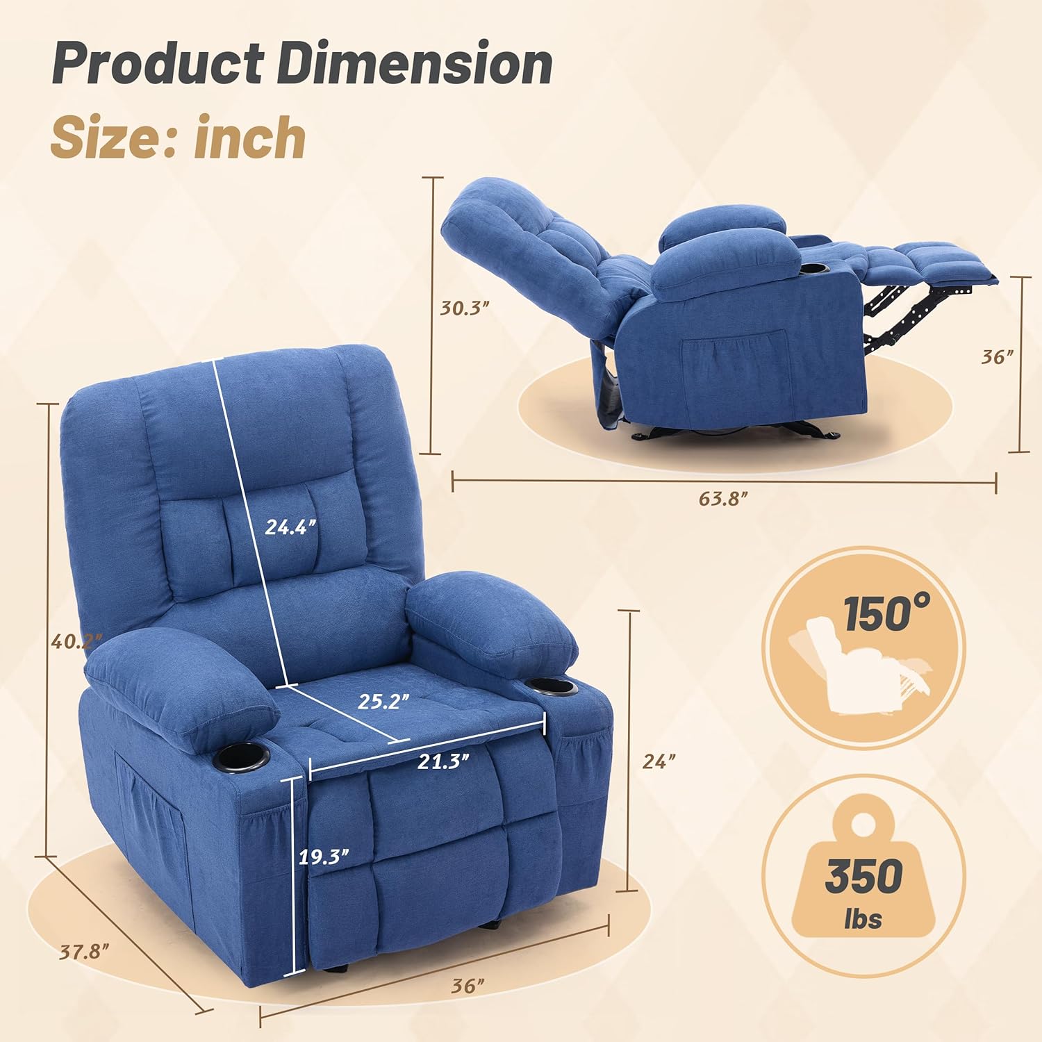 Rocker Recliner Chair with Massage and Heat, Nursery Rocking Chairs for Living Room, Ergonomic Comfy Relining Chair with Cup Holders, USB Charge Port, Side Pockets, Recliner Sofa, Blue