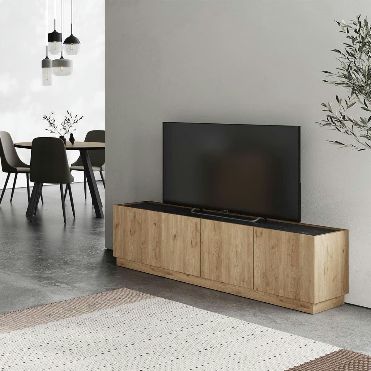 DILAN - Meuble TV 4 portes effet bois et marbre noir 160 cm
