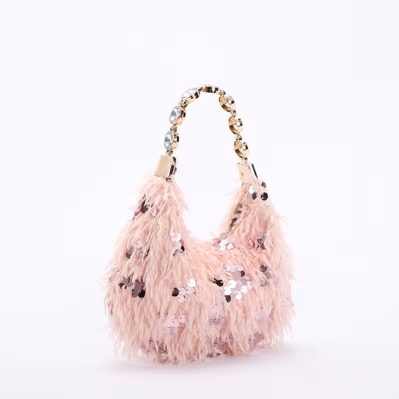 PEACH ACCESSORIES Faux Feathers & Sequin Hobo Bag with Crystal Handle