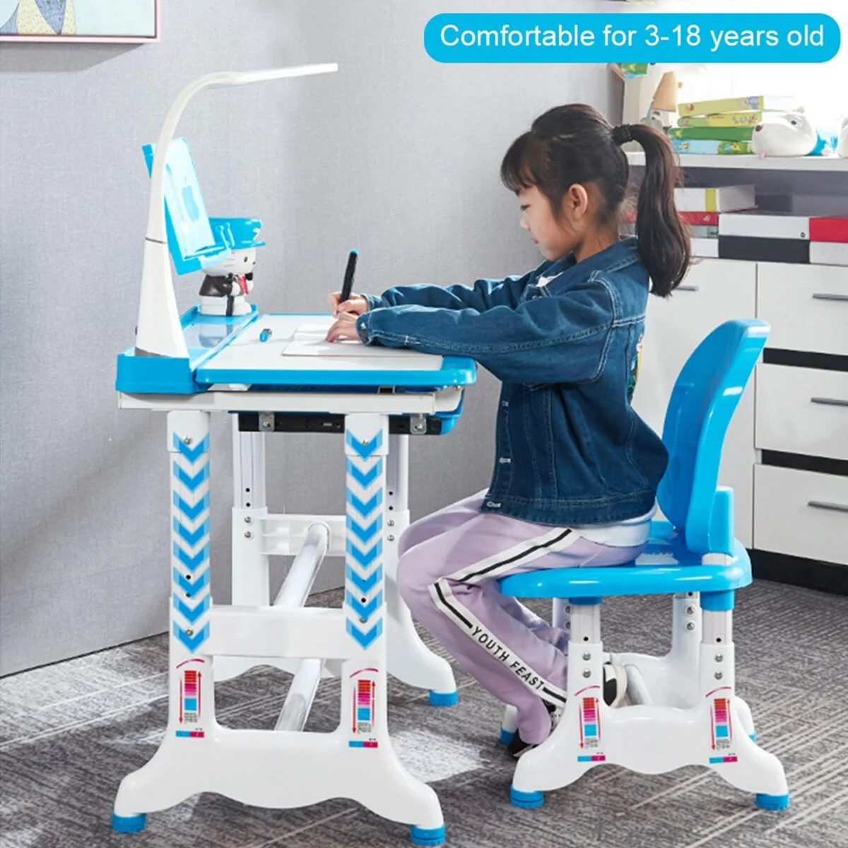 Height Adjustable Study Desk And Chair Set Pull Out Drawer With Tilted Desktop - 27.6' x 19.3'