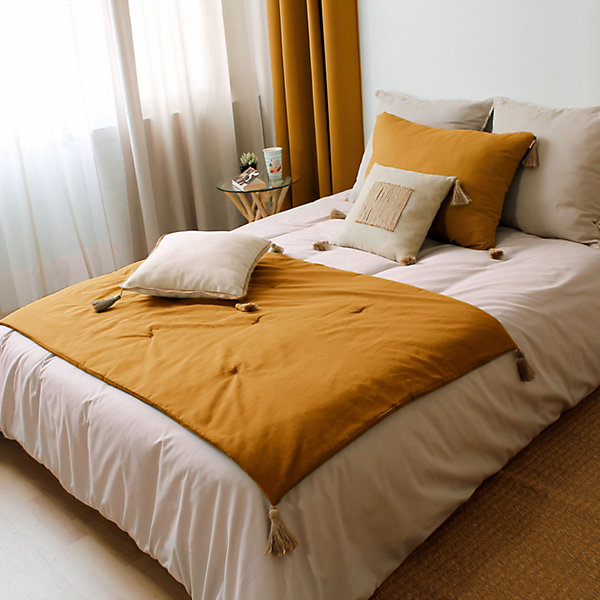 Edredon Panama avec pompons en jute (90x190 cm - Jaune moutarde)