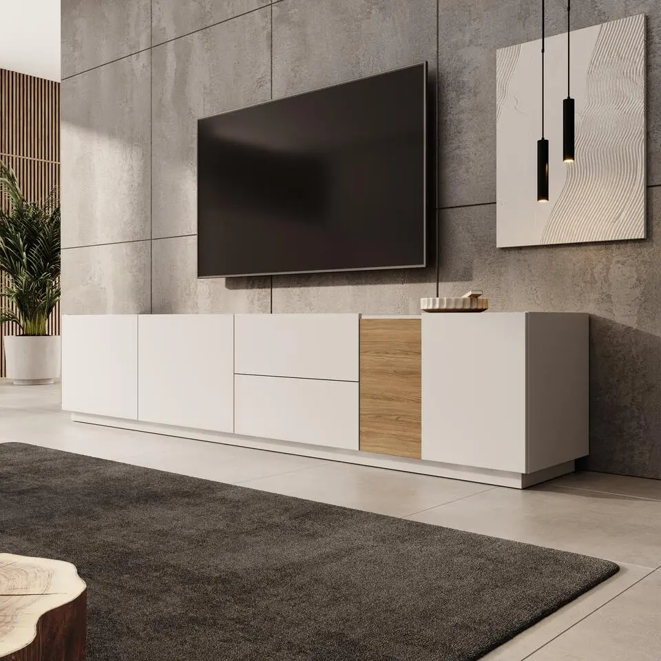 Meubella - Lavar - TV-meubel - Wit/Eiken - 239x41x50 cm