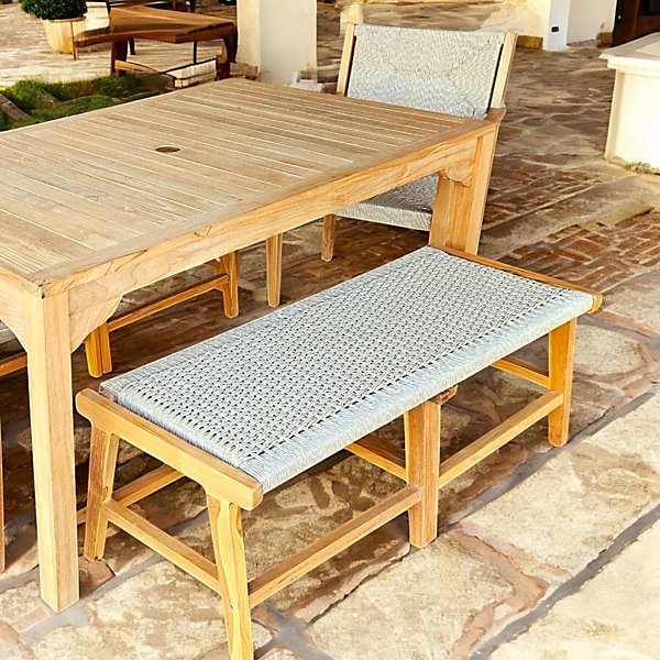 Banc en bois de teck 140 cm gris imitation rotin - Harmonya