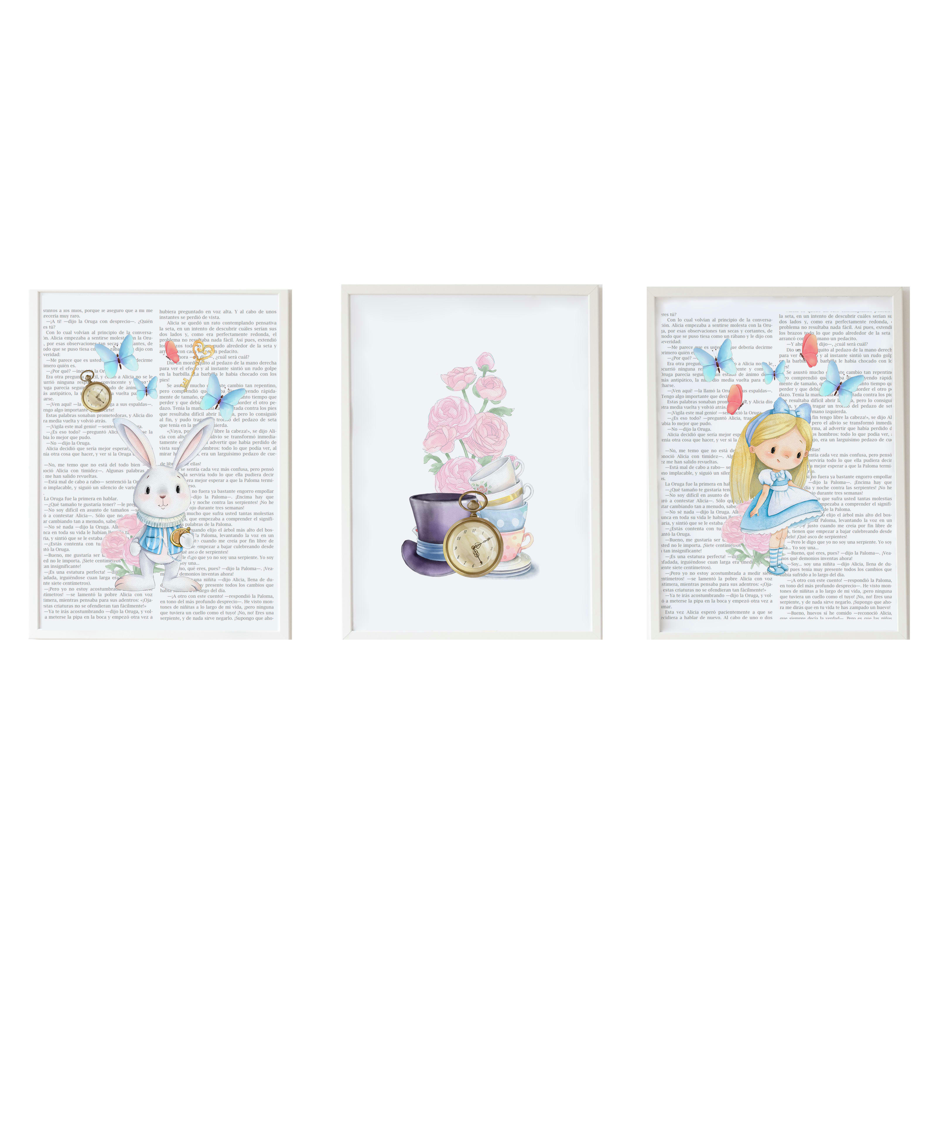 DECOWALL - Pack encadré bois blanc impression le histoire d'alicia lapin 43X33 cm