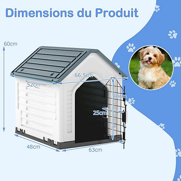 Niche pour Chien Exterieur 67 x 52 x 60 CM, Cabane Chien Exterieur en PP, Toit Incliné et Plancher Surélevé, Gris