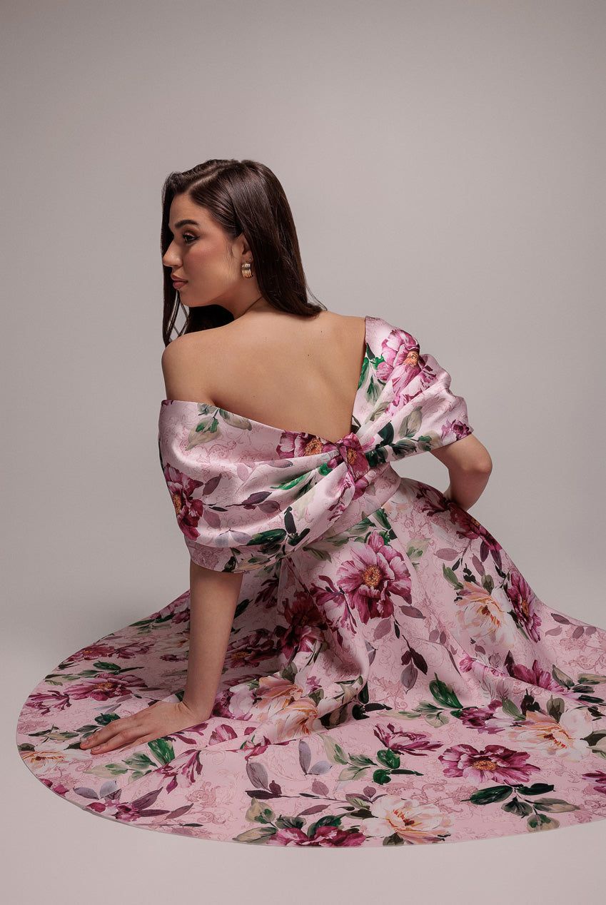 Goddiva Off Shoulder Floral Bow Back A Line Midi Dress