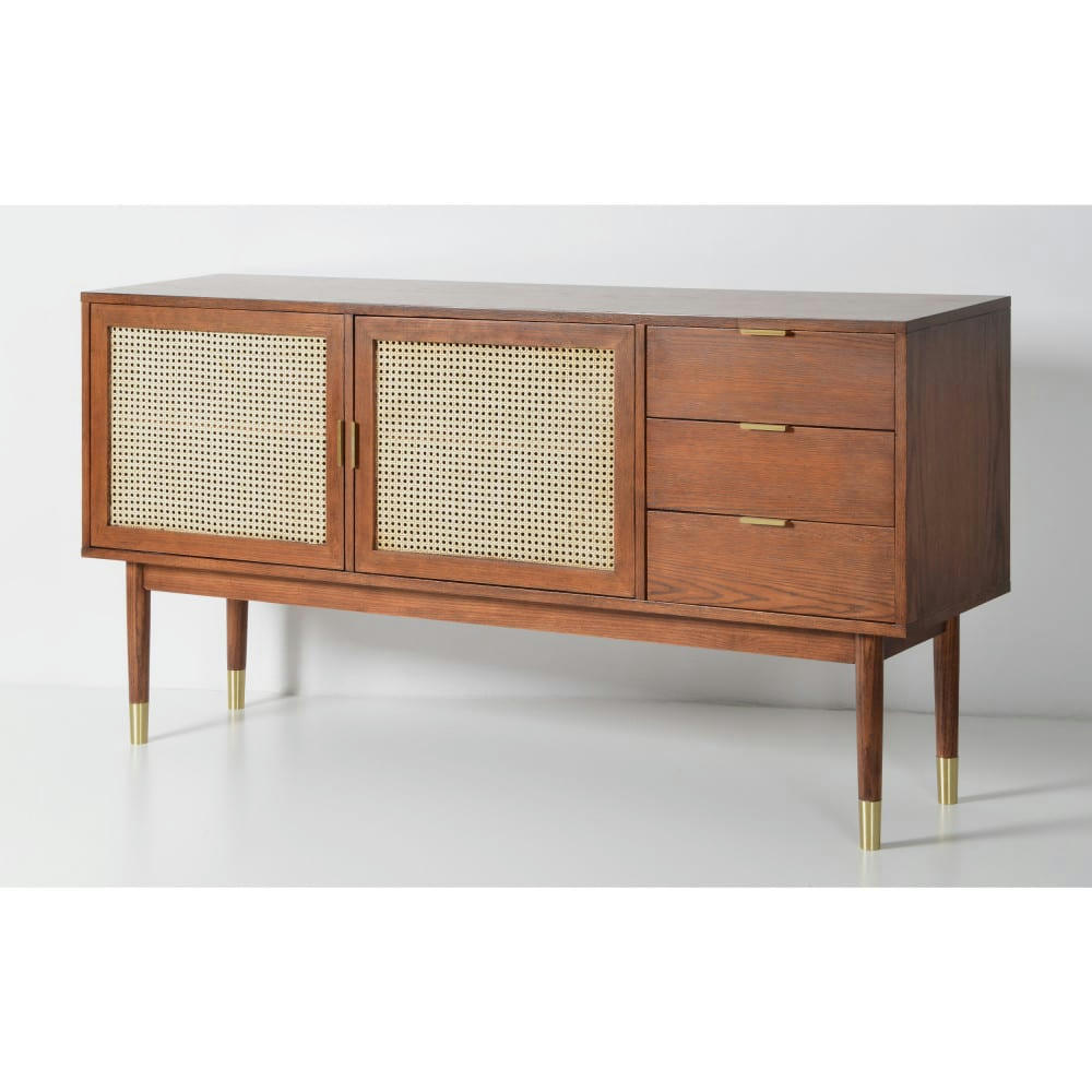 HOGARN - Buffet design 2 portes 3 tiroirs bois et cannage L170cm bois foncé