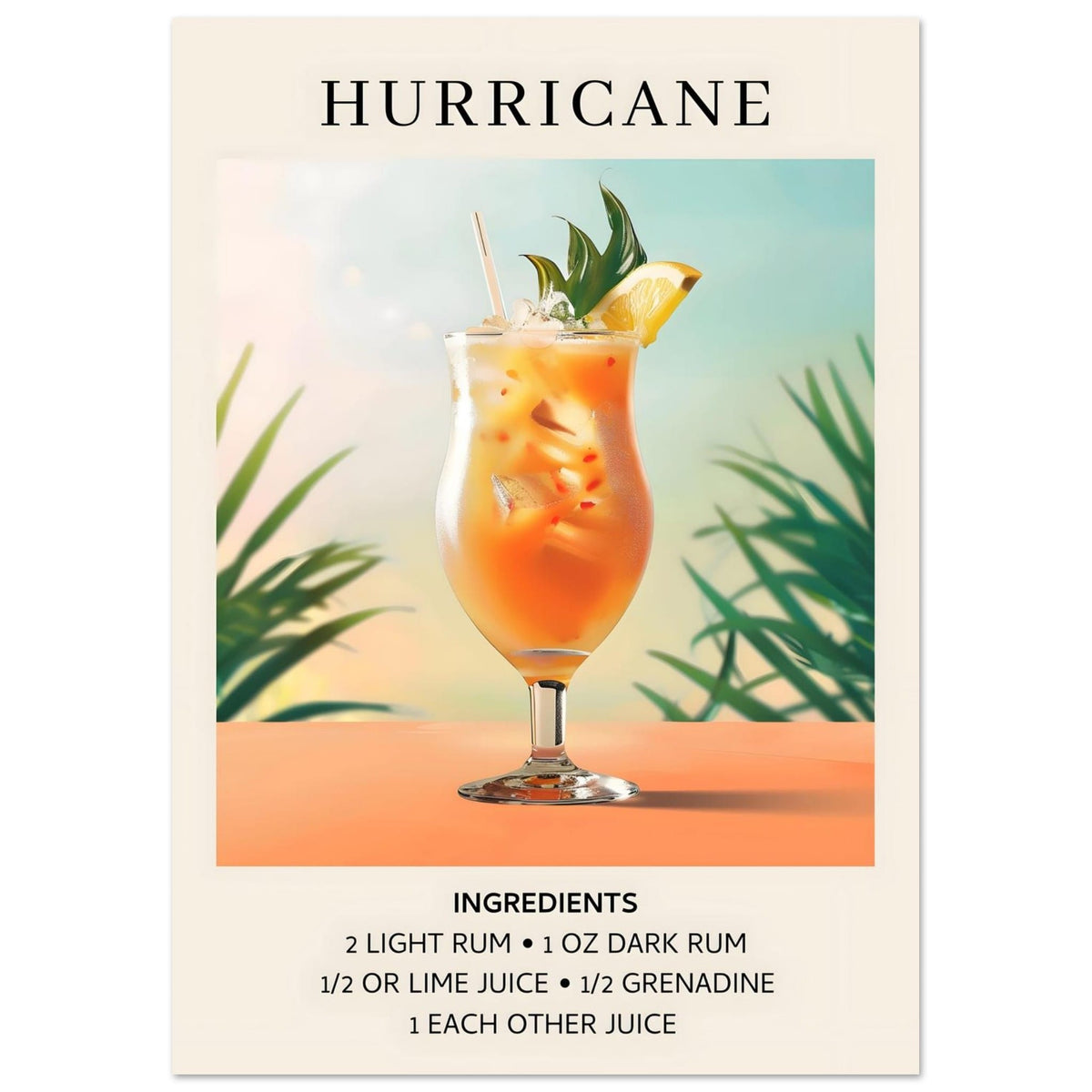 Artfulprints Poster Hurricane cocktail - Ingrediënten  - A4 21x29.7 cm - Meerkleurig