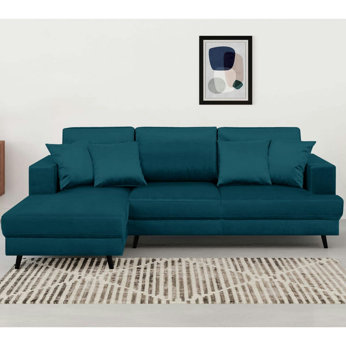 MARCEAU - Canapé d'angle gauche convertible 4 places en velours bleu canard