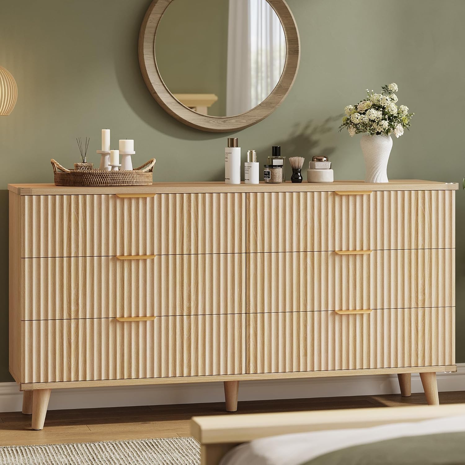 Lulive Dresser for Bedroom Wood Dressers Chest of Drawers, Fluted 53.2 Wide Modern Long Dresser TV Stand 6 Drawers for Bedroom, Closet, Living Room, Hallway (Natural)
