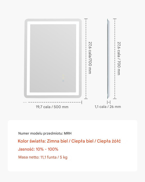Lustro LED do Łazienki 50x70 cm z Podświetleniem i Funkcją Anti-Fog