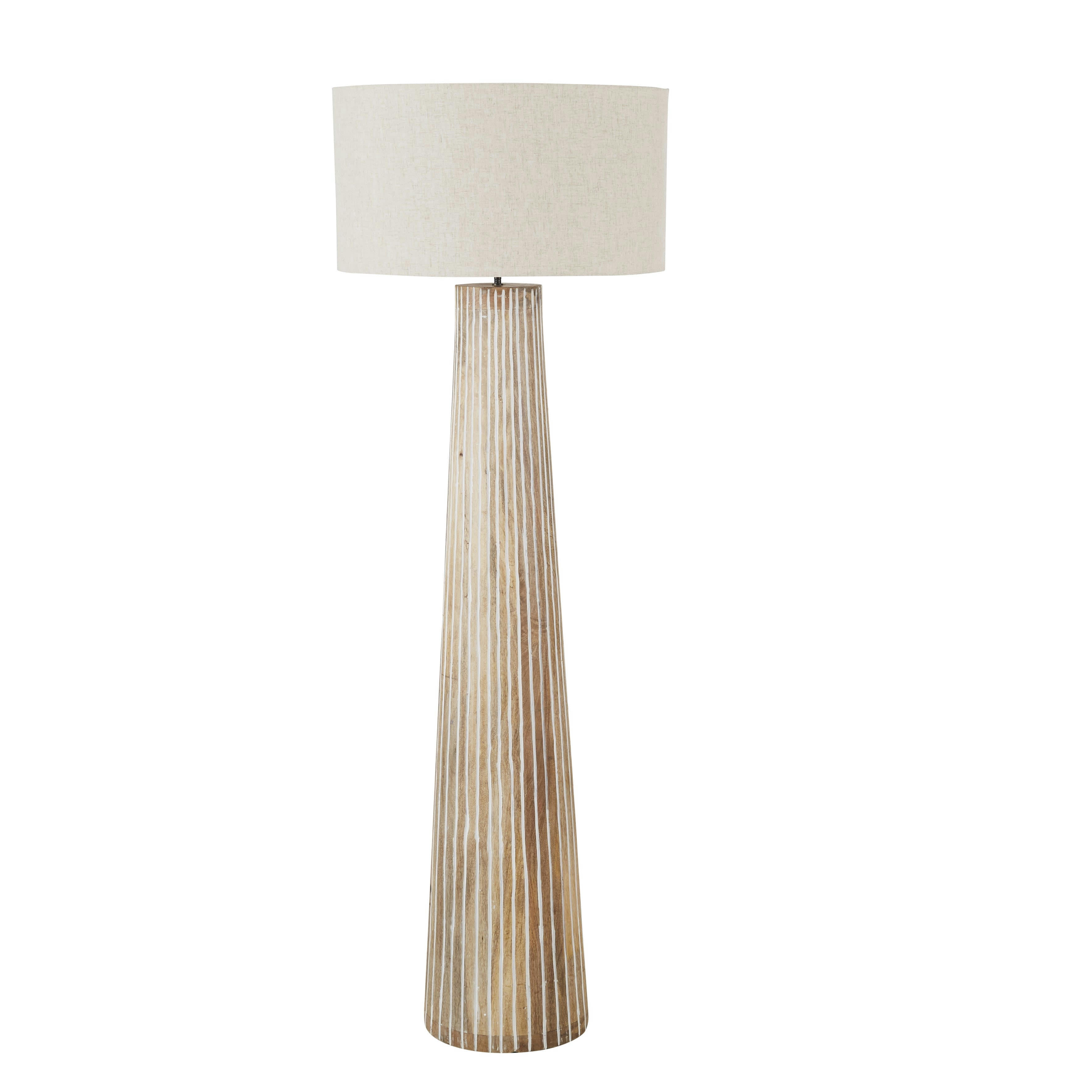 GRACE - Lampadaire en bois de manguier gravé et abat-jour en coton beige H168