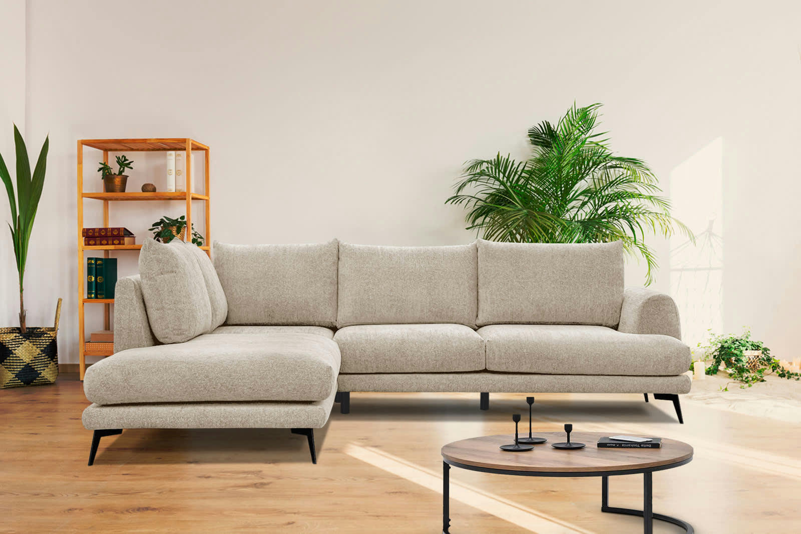 ADRIA - Canapé d'angle gauche 5 places tissu beige