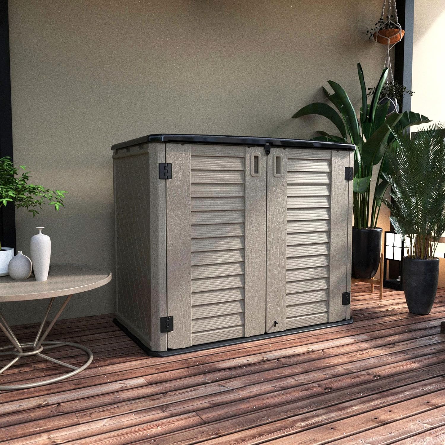 Horizontal Resin Storage Shed  34 Horizontal Cu.ft Outdoor Storage Cabinet Waterproof for Garden/Backyard/Home/Pool  Lockable(34 Cu.ft-Brown)