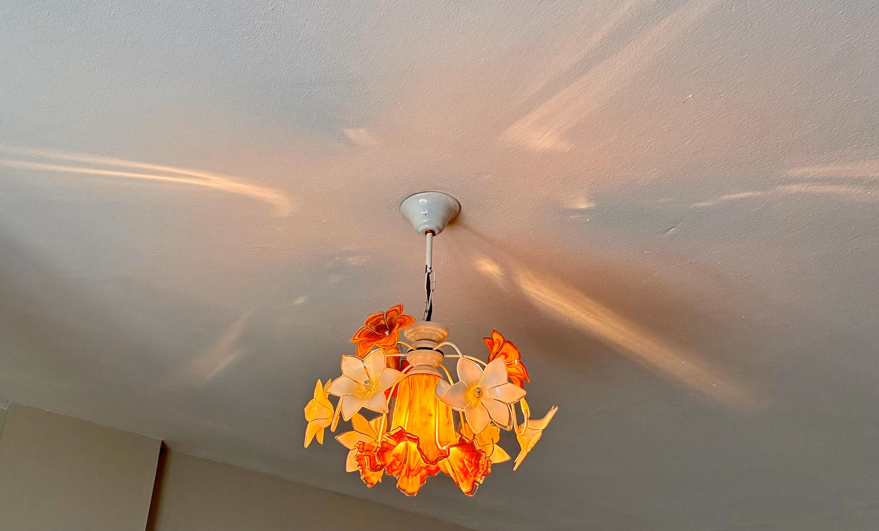 Vintage Amber Brown Ruffled Tulip Chandelier, Vintage Murano Style White Glass Flower Pendant Light, 13