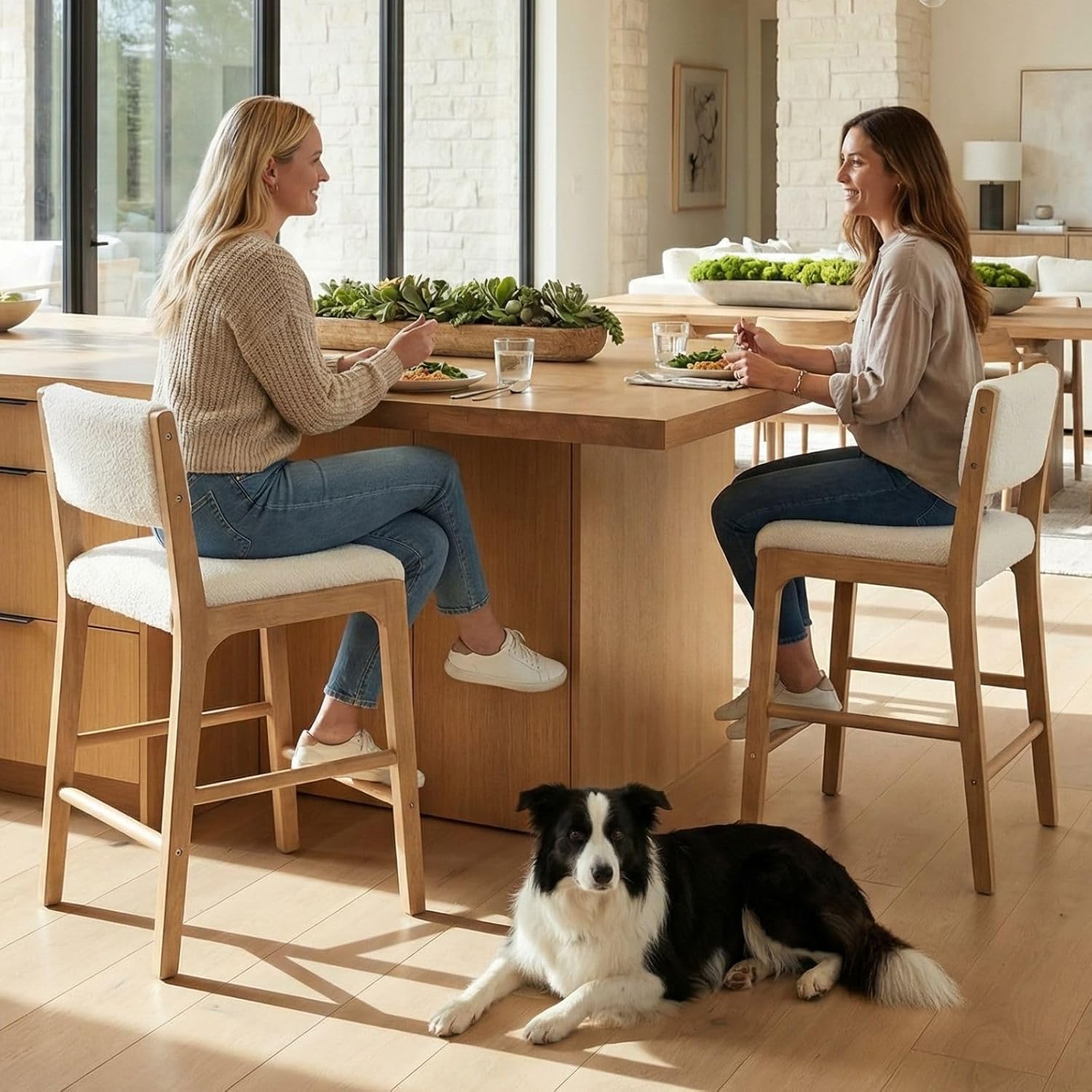 HNY 26.5’’ Modern Counter Stools with Backs Counter Height Barstools Set of 2, White Sherpa Boucle Upholstered Bar Height Chairs with Wood Frame Wooden Island Stools for Kitchen Counter/Pub