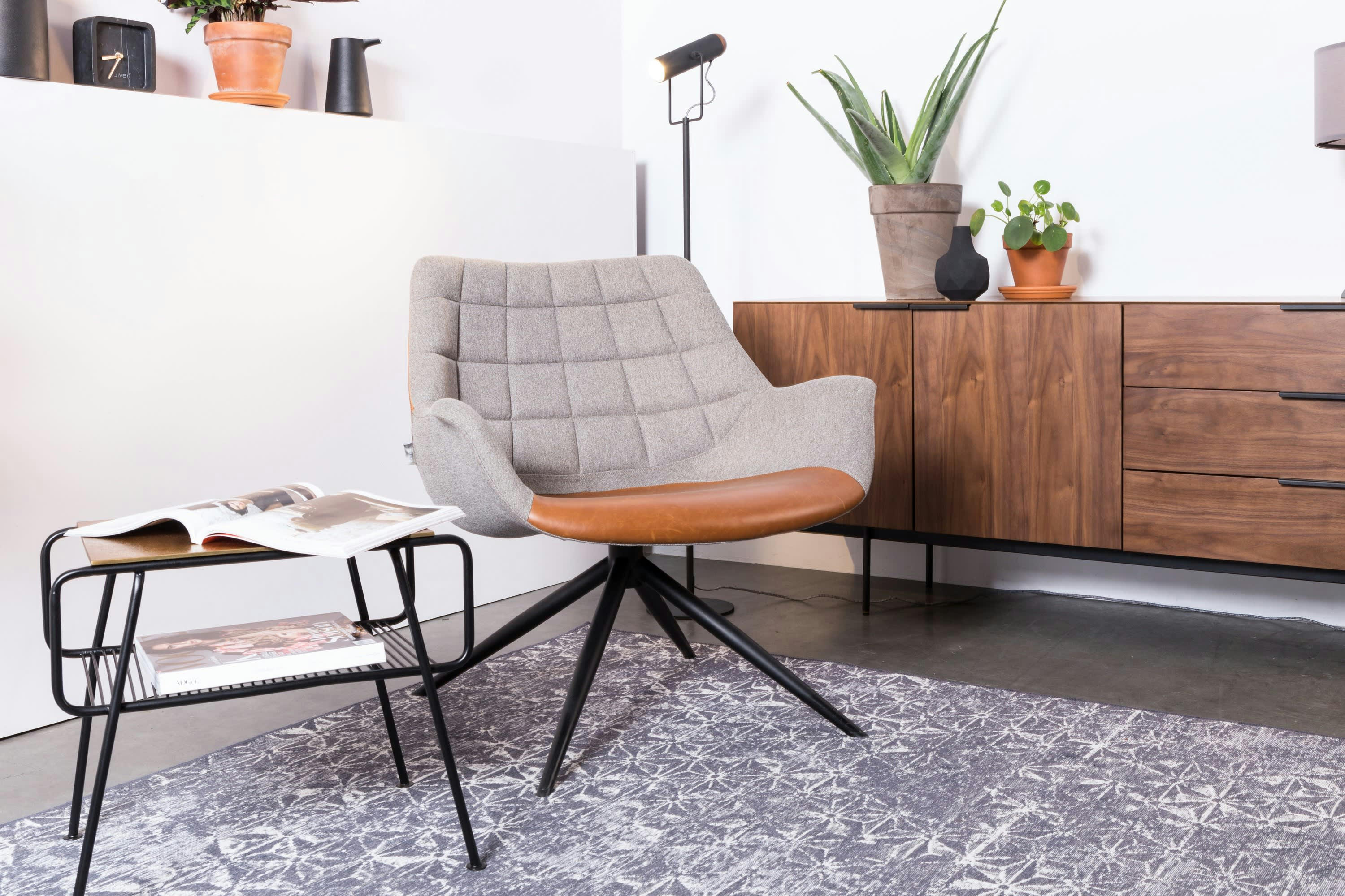 NIKKI - Fauteuil lounge en cuir marron et tissu gris