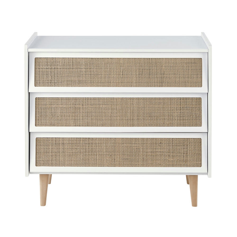 Ysee - Commode 3 tiroirs blanche et cannage en rotin