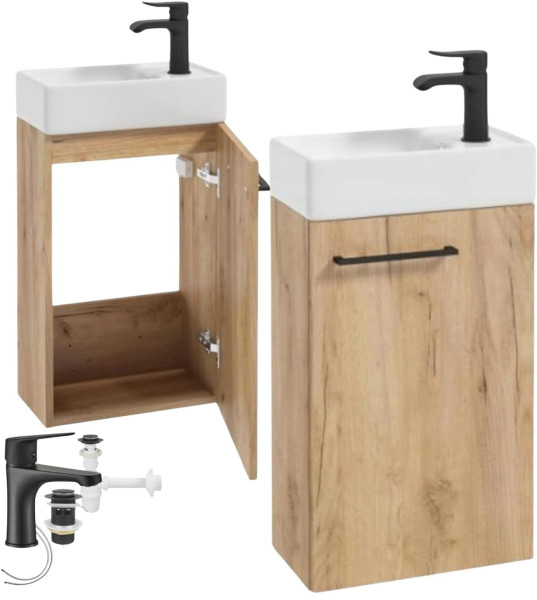 Wisząca szafka łazienkowa z umywalką 40cm, dąb craft z czarną baterią