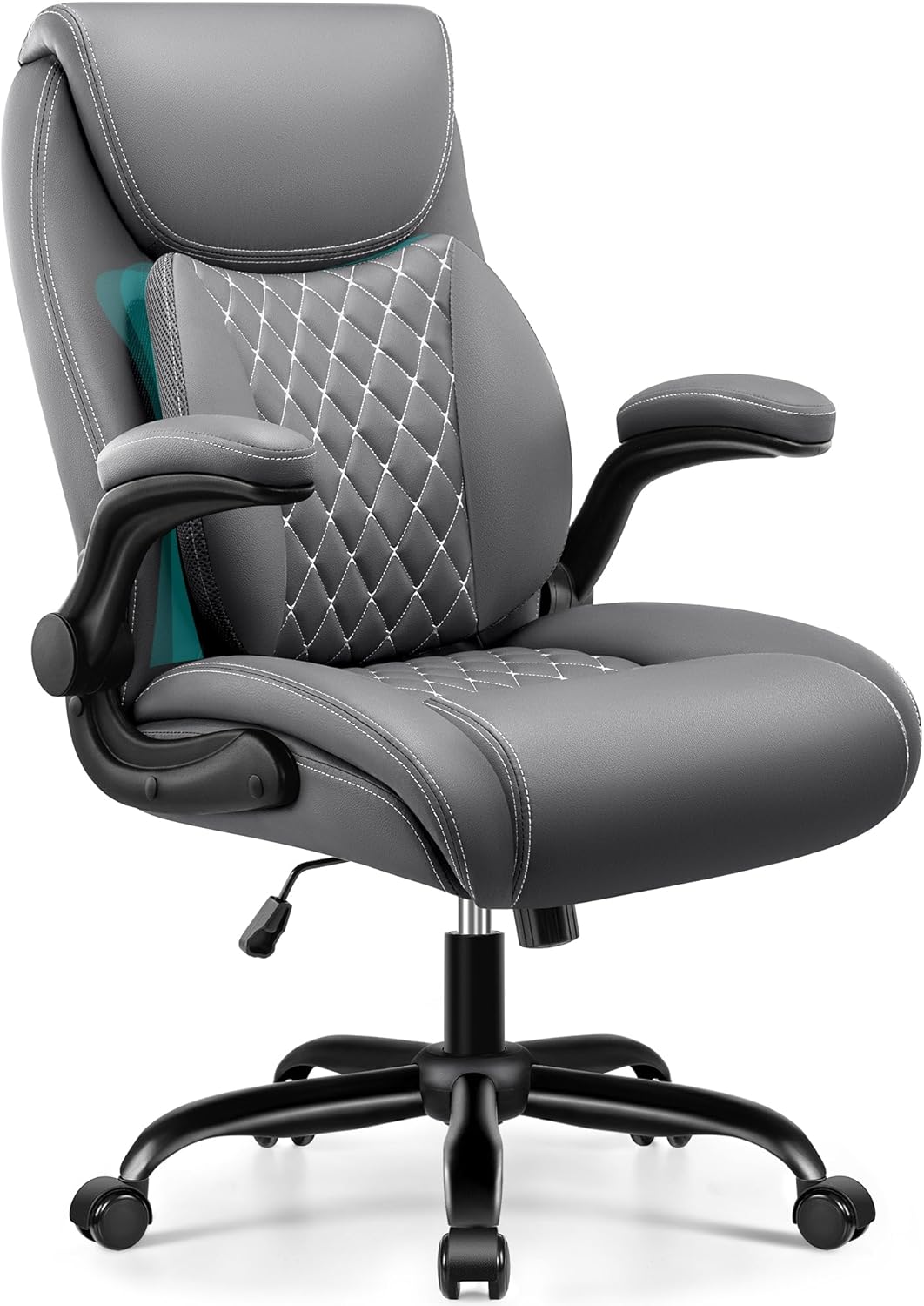 BESTFAIR Office Chair, Executive Computer Desk Chair with Lumbar Support for Lower Back Pain Relief, Ergonomic Leather Home Chair Comfy with Padded Flip-up Arms and Adjustable Armrests, Gray