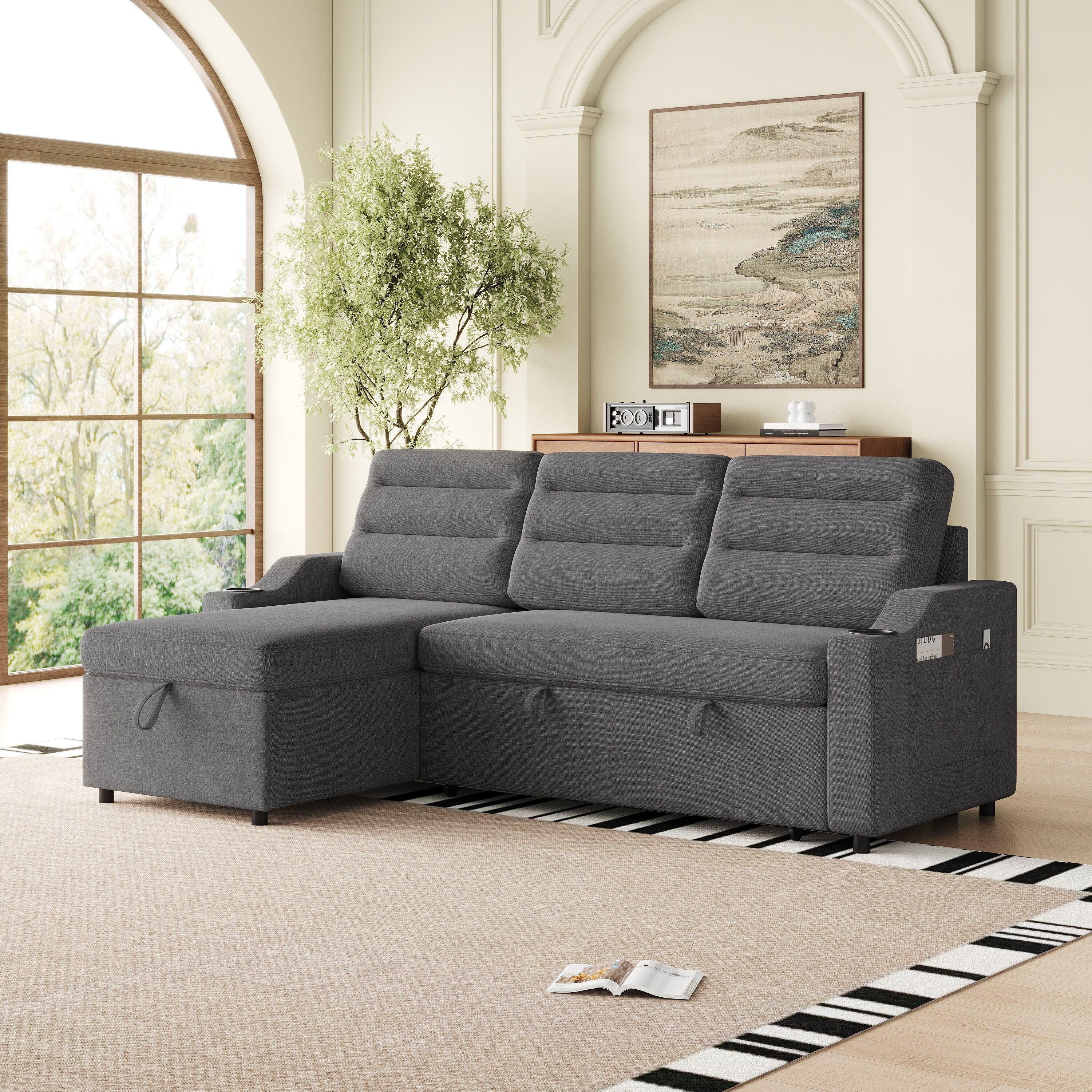 Modern Sectional Sofa with Pull Out Sleeper Bed and Storage Pocket and Cup Holder for Living Room or Guest Room