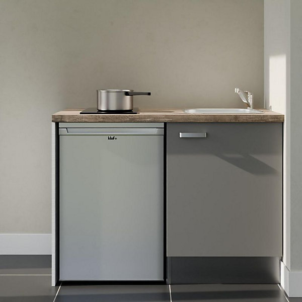 Kitchenette K08 façades Gris - Plan de travail Bois - Crédences : Non - Evier inox - Electroménager Inox inclus