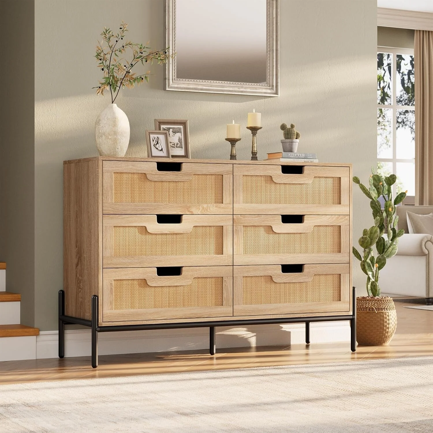 Natural Rattan 6 Drawer Dresser Boho Dresser with Chest of Drawers Modern Storage Cabinet