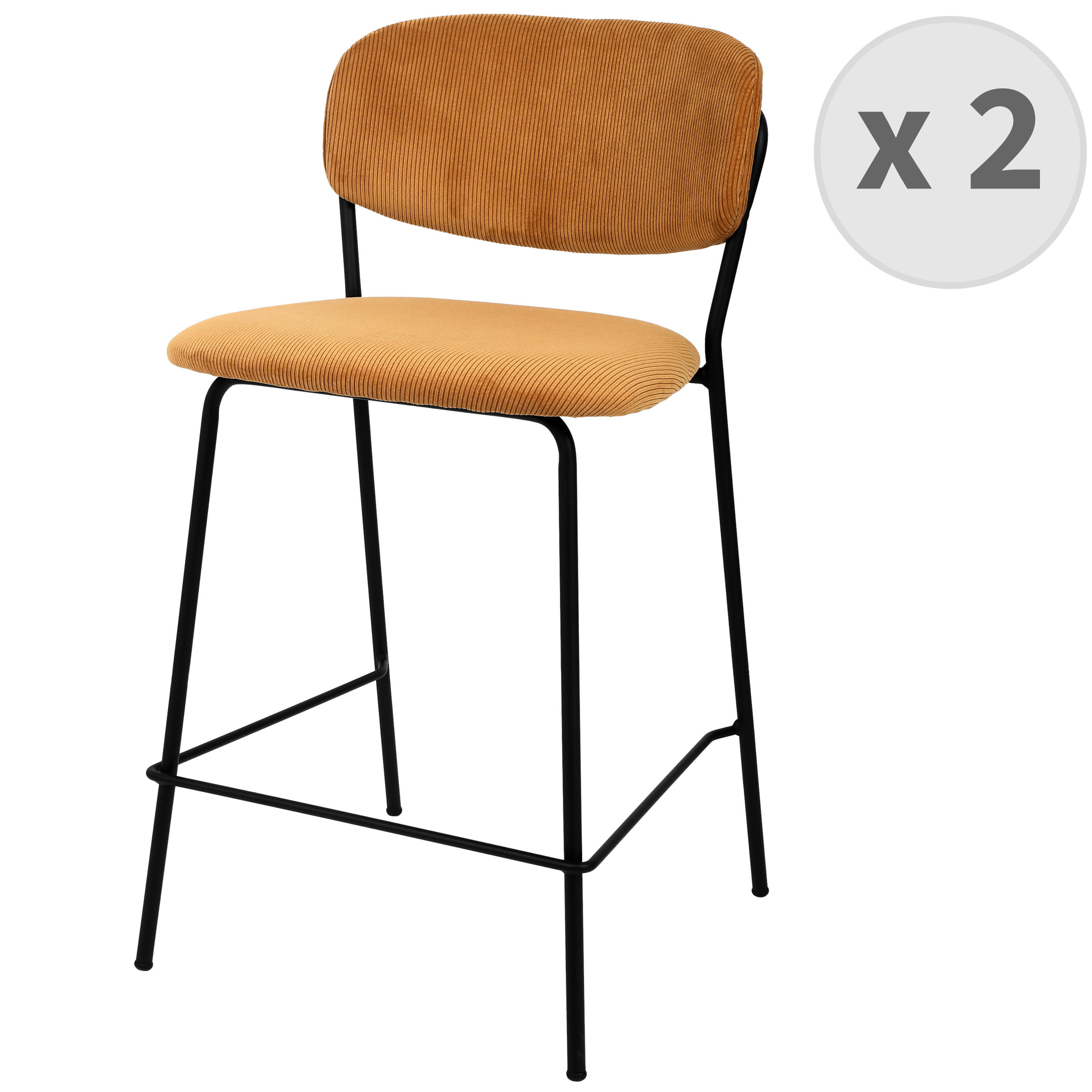 CLARA - Chaise de bar en tissu cotelé Ocre et métal noir mat (x2)