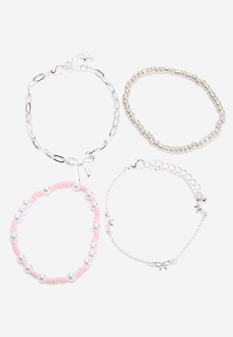 Womens 4pk Silver Beaded Bow Stackable Bracelets