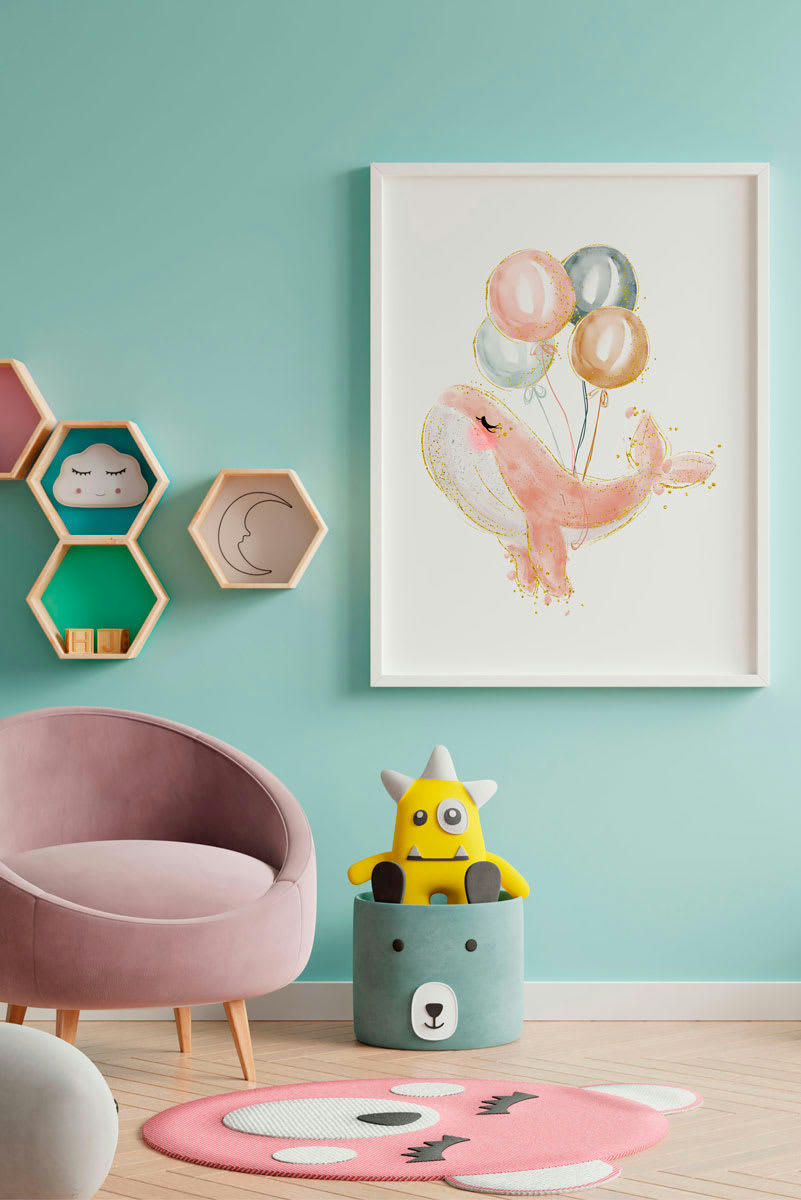 DECOWALL - Impression de Baleine rose ballon encadrée en bois blanc 43X33 cm